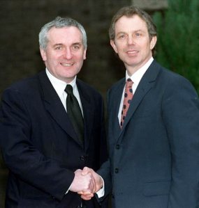Taoiseach Bertie Ahern and PM Tony Blair following Good Friday Agreement
